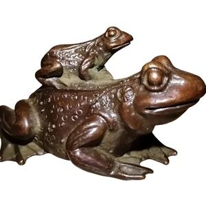 Bronze Frog Figurine Mother and Baby Animal Sculpture‎ Home Decor Collectible